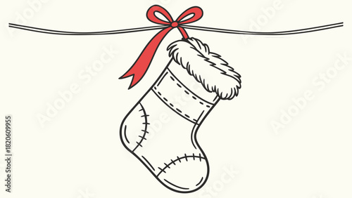 Vector illustration of hand drawn christmas stocking hanging with a red bow on a string, holiday design