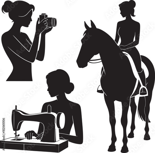 Set of woman hobbies silhouette sewing camera horseback riding and many more