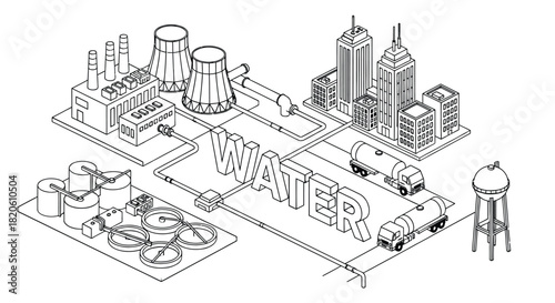 Water treatment plant process and distribution system illustration