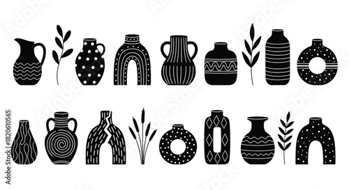 Collection of black and white vases and pots vector illustration