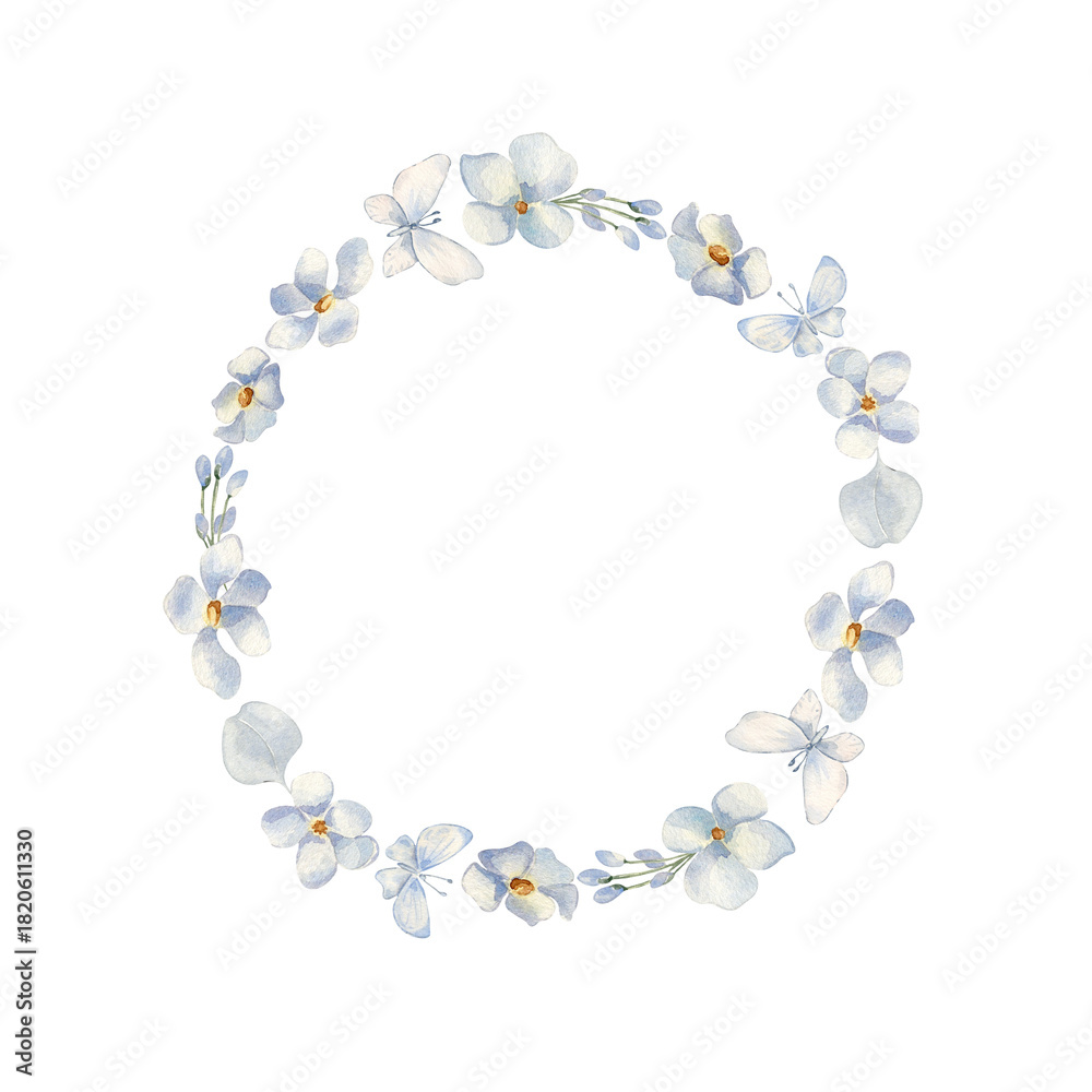Obraz premium Delicate Light Blue Floral Wreath watercolor isolated. Round frame of hand painted blue flowers, buds, leaves. Baby shower greeting cards with tiny blooms. Pastel floral wreath drawing for scrapbook.