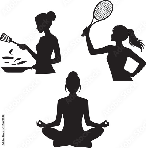 Silhouette of cooking exercise and photography hobbies women vector graphic icon