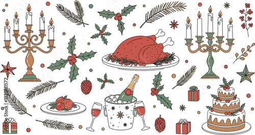 Festive christmas dinner illustration with turkey cake and champagne celebration