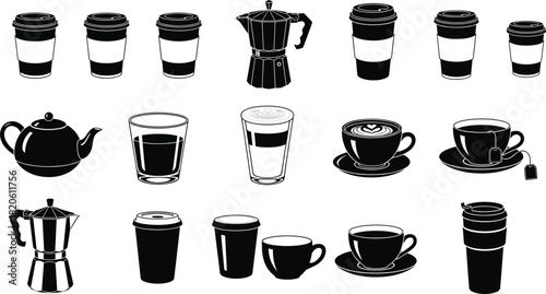 Black Silhouette Coffee and Tea Vector Icon Set: Takeaway Cups, Latte, Espresso, Moka Pot, Teapot, Mug, and Tea Bag, Ideal for Cafes and Drink Menus