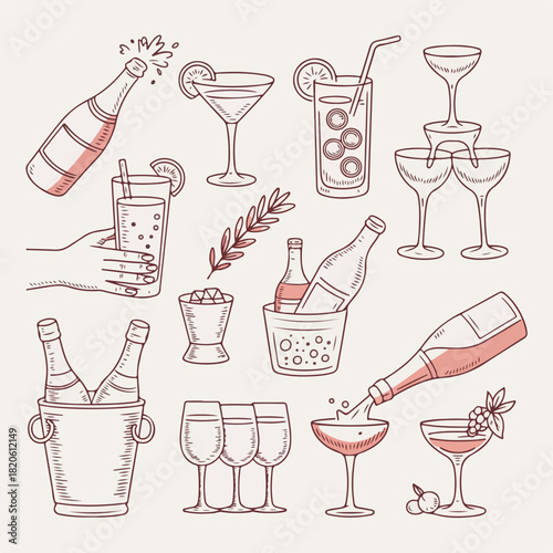 Monochrome Coral Hand-Drawn Cocktail & Mixology Sketch Illustration Set