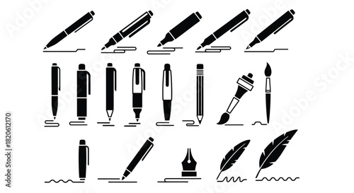 Vector writing tools set pen pencil brush marker feather drawing