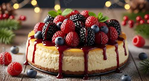 Delicious Berry Cheesecake with Festive Holiday Decor: A Sweet Indulgence for Special Occasions
