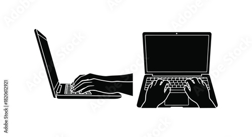 Typing on laptop keyboard vector illustration black and white