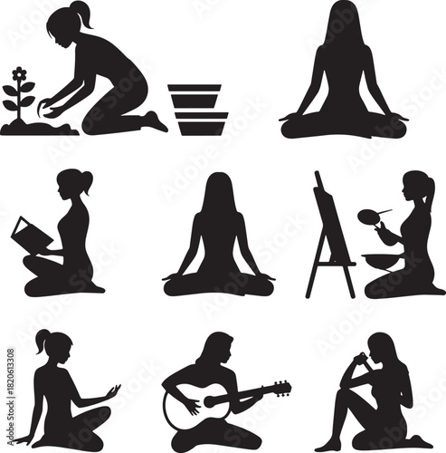 Silhouette of woman with multiple hobbies activities in transparent background