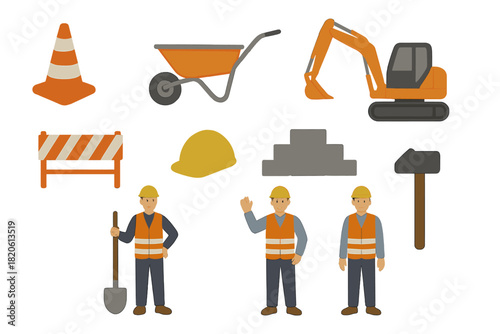 Construction site elements set with workers, heavy machinery, tools, and safety gear