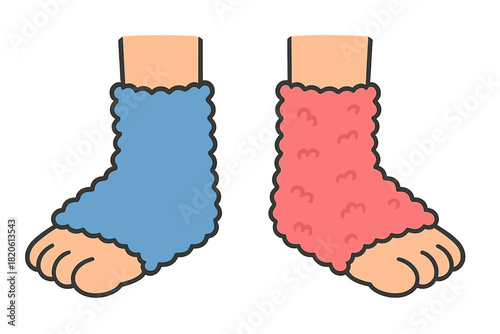 Fuzzy monster feet or cozy slippers in blue and pink standing together