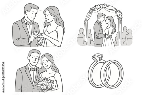 Minimalist black and white outline set showing a happy couple exchanging vows and rings during their wedding ceremony