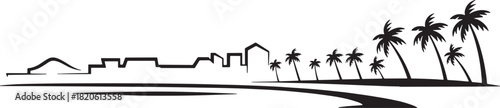 Silhouette Vector Illustration of Modern City with Palms and Winding Road