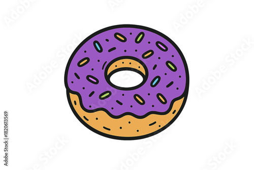 Delicious sweet donut with bright purple icing and multicolored sprinkles
