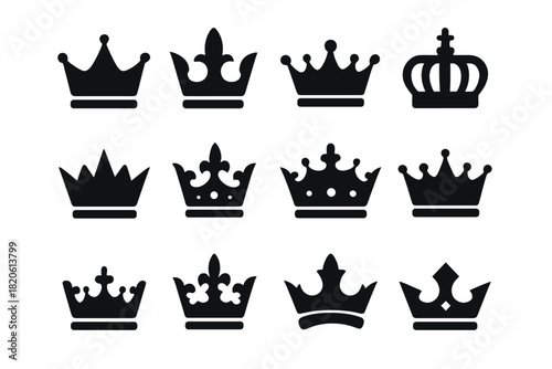 Set of black royal crowns and tiaras symbolizing monarchy, power, and authority