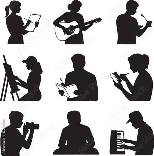 Silhouettes of creative professions artist writer photographer musician vector set