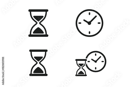 Minimalist icons representing time, duration, and waiting with hourglass and clock faces