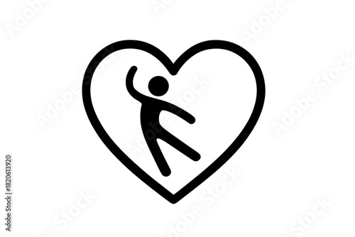 Joyful stick figure dancing inside a heart shape symbolizing love and freedom