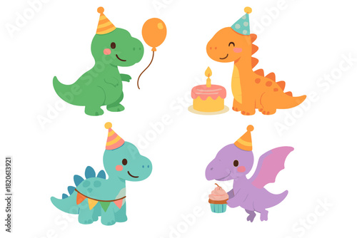 Adorable baby dinosaur characters wearing festive party hats celebrating a special occasion