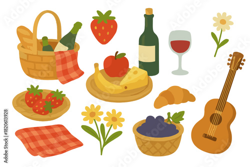 Picnic essentials collection with basket, wine, fresh fruits, cheese, croissant, and acoustic guitar