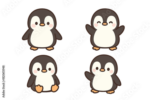 Adorable set of four baby penguins standing, sitting, and waving with happy expressions on a white background