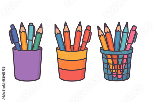 Three colorful pencil holders filled with various writing and drawing utensils and supplies