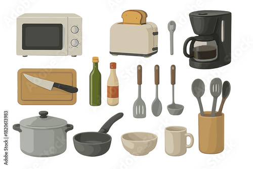 Modern kitchen appliances and cooking utensils collection isolated on white background