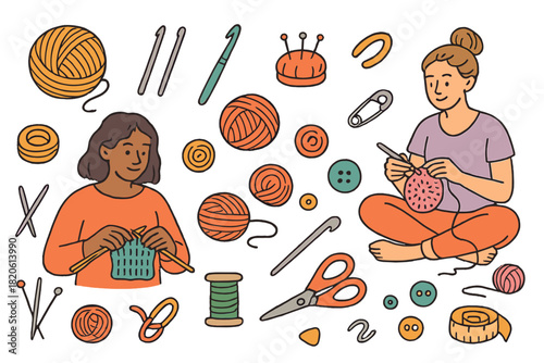 Women knitting and crocheting surrounded by yarn, needles, hooks, and sewing tools