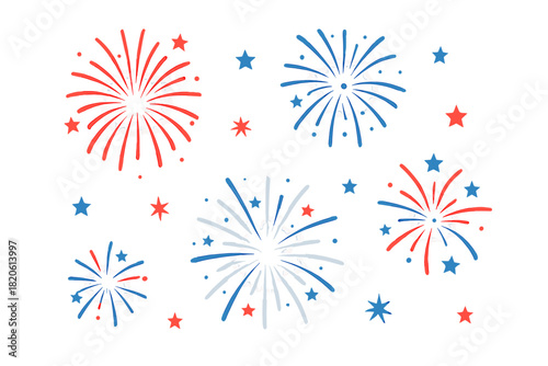 Festive red white and blue fireworks explosions and scattered stars on white