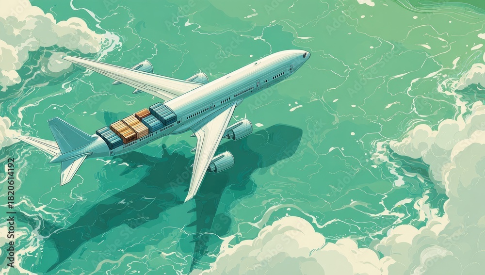 Fototapeta premium Cargo plane flies low over stylized turquoise ocean