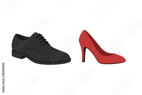 Contrast between a traditional black lace-up shoe and a stylish red high heel pump