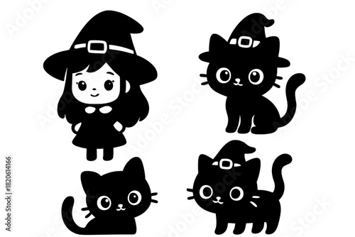 Adorable cartoon witch character and cute black cats wearing tiny witch hats for Halloween celebration