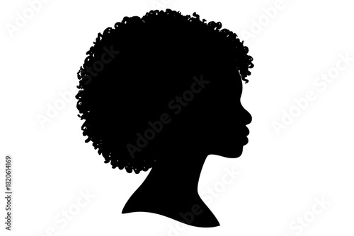 Minimalist black silhouette profile of a woman with voluminous curly afro hair