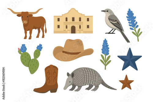 Iconic Texas symbols collection featuring longhorn, armadillo, bluebonnet, and Alamo landmark