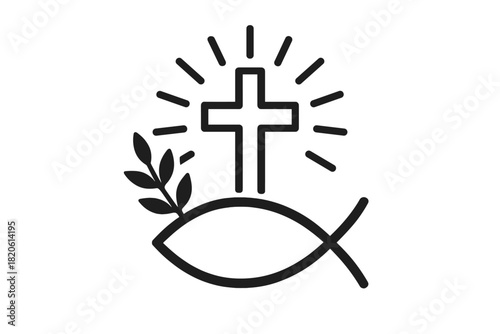 Minimalist Christian faith symbols combining cross, Ichthys fish, and olive branch