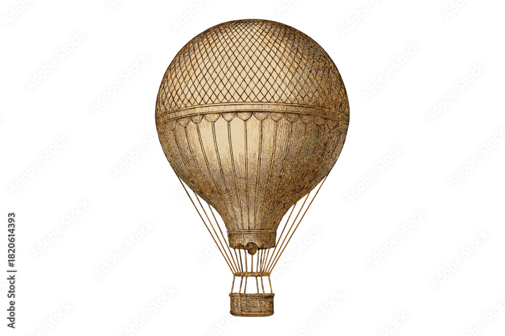 Fototapeta premium Vintage hot air balloon with basket in sepia tone isolated on white background