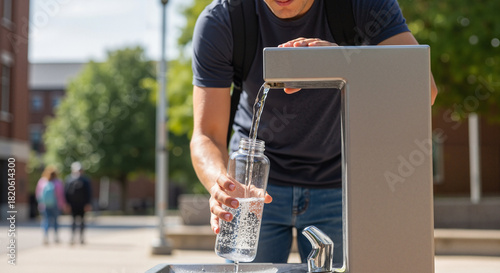 Student refilling a reusable water bottle at public drinking fountain  