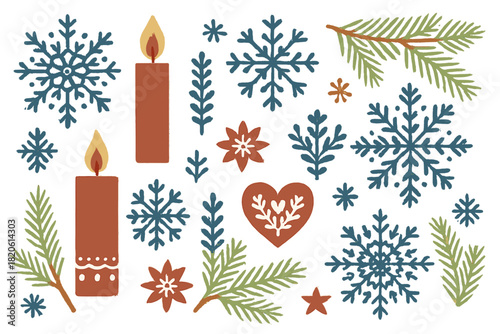 Rustic folk art Christmas and winter holiday elements set with candles, snowflakes, and pine branches