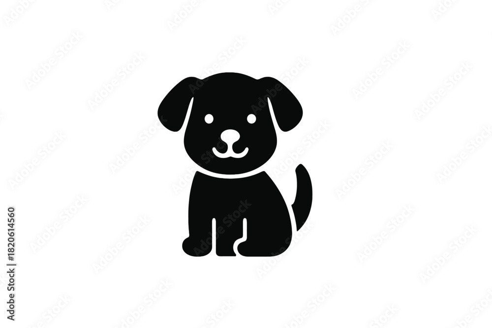 Naklejka premium Cute sitting puppy dog black silhouette icon with happy face and wagging tail
