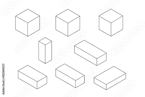 Basic geometric solids cubes and rectangular prisms in isometric line style