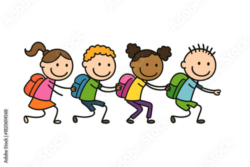Diverse group of happy children running together wearing colorful school backpacks