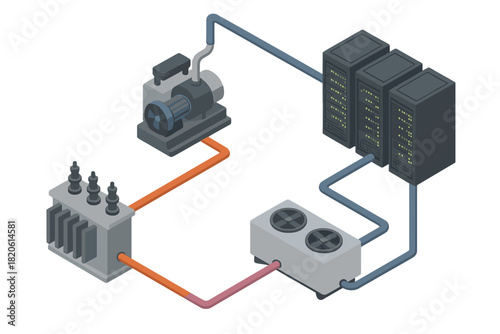 Data center power and cooling infrastructure system components in isometric view