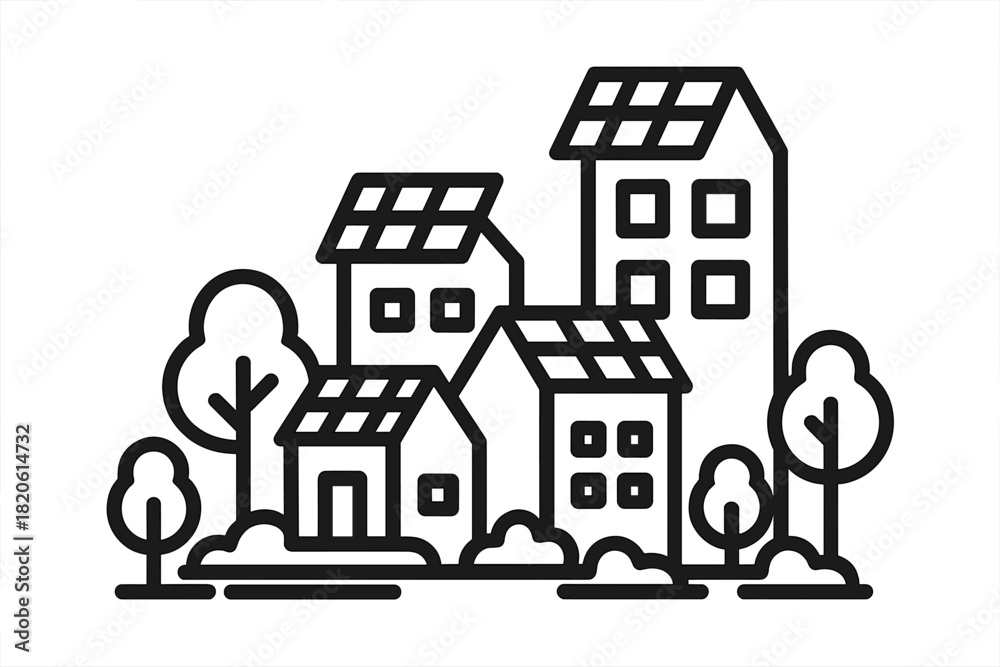 Naklejka premium Diverse buildings equipped with solar panels surrounded by trees symbolizing renewable energy