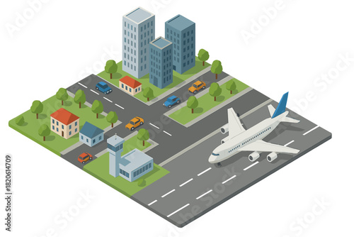 Isometric urban scene with passenger airplane on runway, high rise buildings, suburban homes, and road traffic