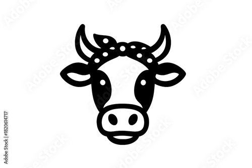 Stylized black and white cow head wearing a polka dot bandana, simple farm animal mascot design