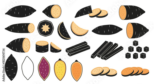 Sweet potato vector illustration various cuts and color types