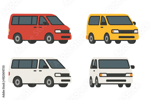 Colorful passenger vans and minibuses in various styles for transport and travel