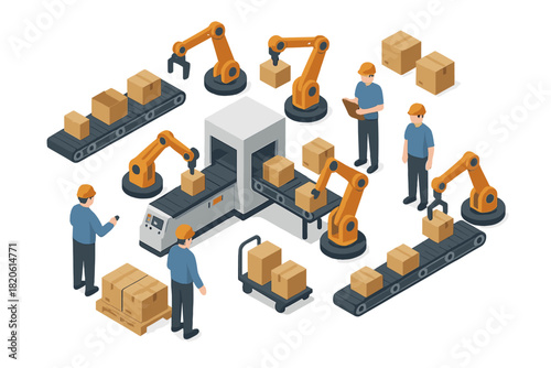 Automated production line with robotic arms moving packages and workers supervising manufacturing