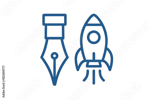 Fountain pen nib next to a launching rocket ship symbolizing creativity and startup growth