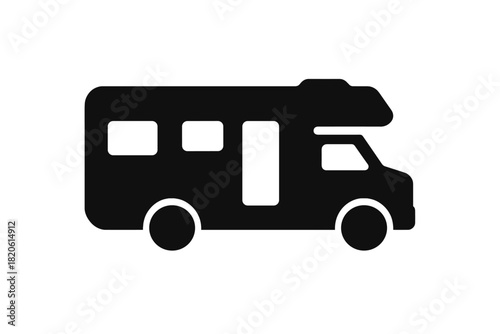Simple black silhouette of a motorhome recreational vehicle used for travel and camping